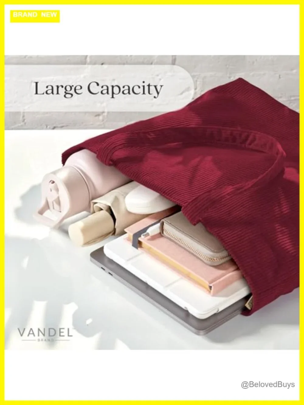 Corduroy Tote Bag with Zipper, Interior Pockets, Machine Washable, Fits Laptop